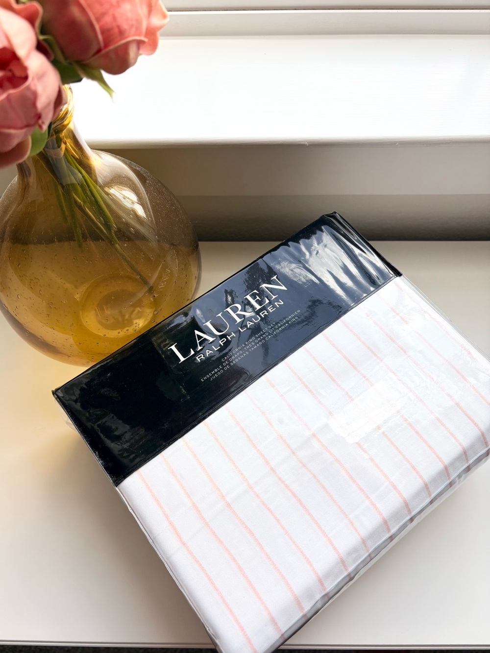 Lauren Home Spencer Sateen Stripe Sheets California King White and Blush New